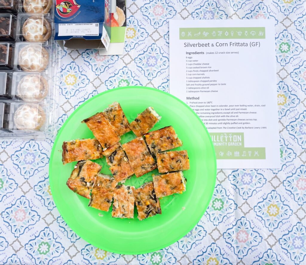A plate of silverbeet and corn frittatas on a table.