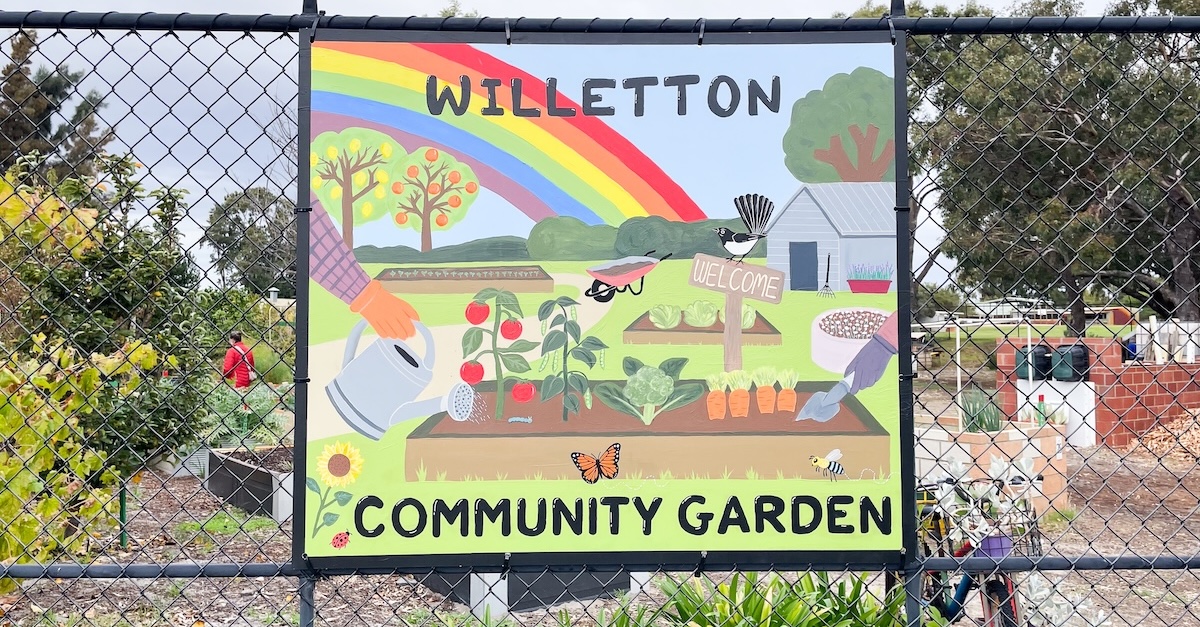 The colourful entrance sign to Willetton Community Garden.