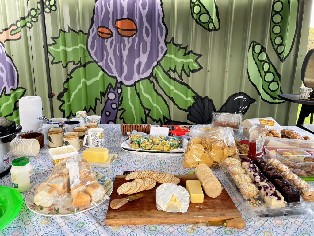 A grazing table in front of a painted shed